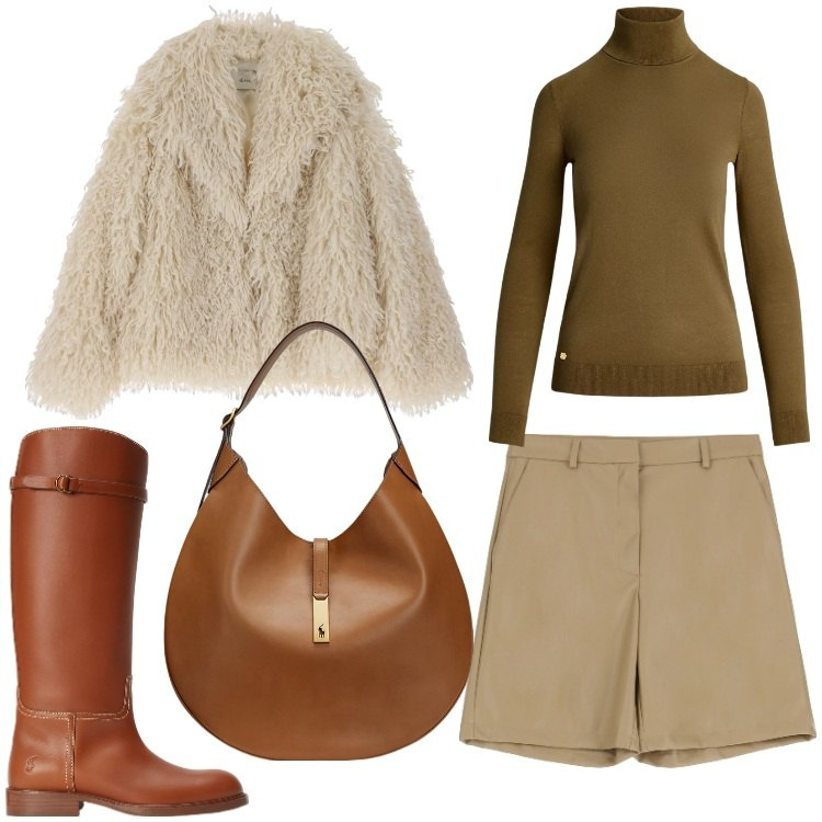 Outfit donna - Shorts in autunno. Stile Casual chic per Serata fuori. Abbinamento con shorts, borse a spalla, stivali, maglieria, cappotti.