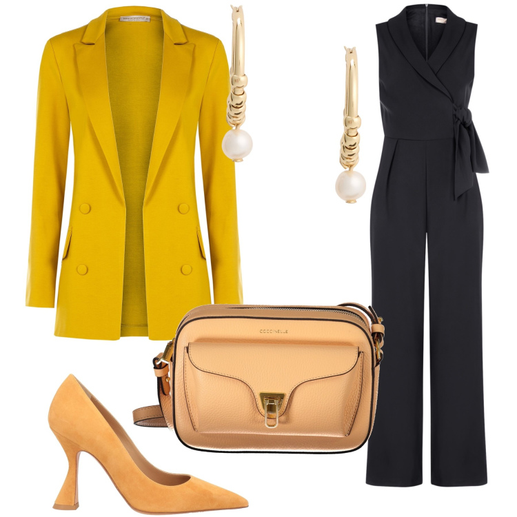 Outfit donna - La giacca gialla. Stile Casual chic per Serata fuori. Abbinamento con décolleté, tute, blazer, orecchini, borse a tracolla.