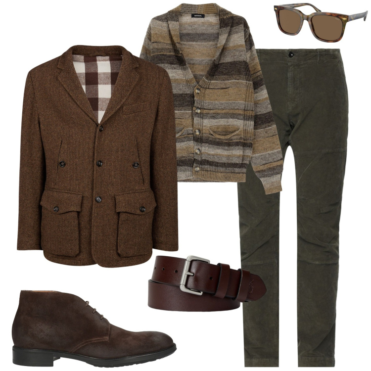 Outfit uomo - City. Stile Urban per Tutti i giorni. Abbinamento con pantaloni, stivali e stivaletti, cardigans, cinture, occhiali da sole, giacche.