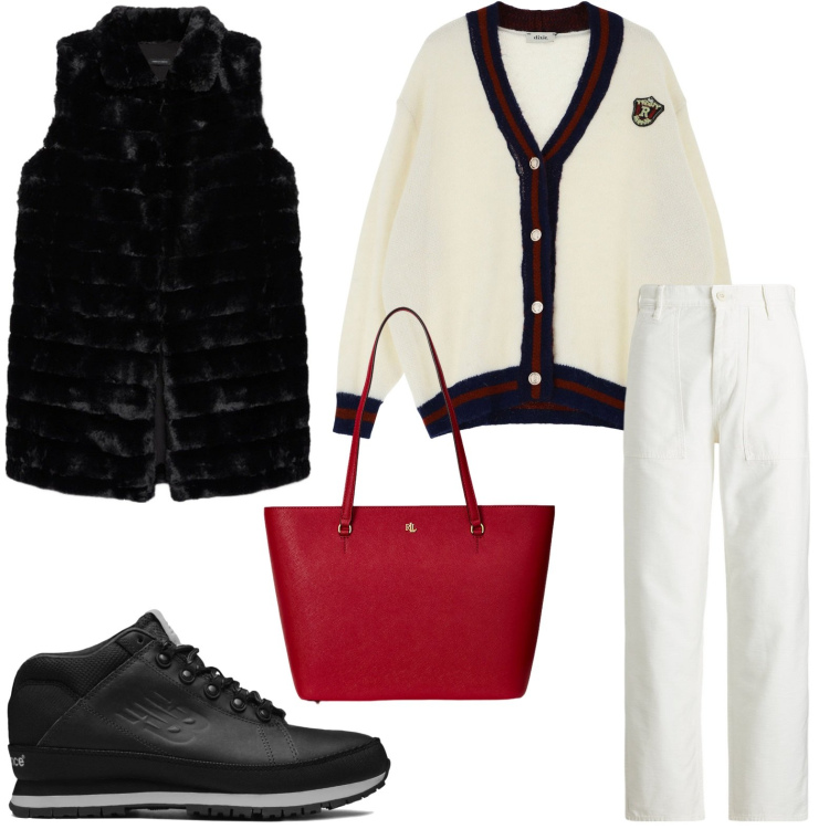 Outfit donna - Gilet effetto peluche. Stile Casual per Tutti i giorni. Abbinamento con sneakers, borse tote, pantaloni, cardigans, gilet.