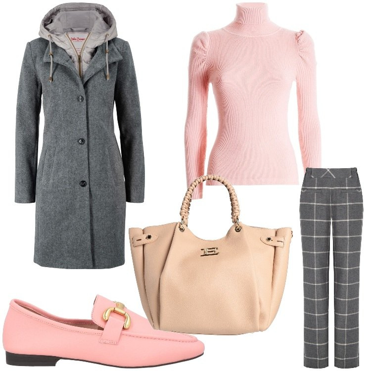 Outfit donna - Rosa a quadretti. Stile Casual chic per Tutti i giorni. Abbinamento con cappotti, borse a mano, mocassini, pantaloni, maglieria.