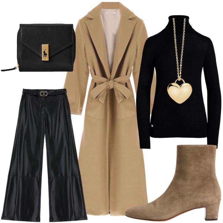 Outfit donna - Il cappotto annodato. Stile Casual per Serata fuori. Abbinamento con collane, cappotti, pantaloni, portafogli, stivaletti, maglieria.
