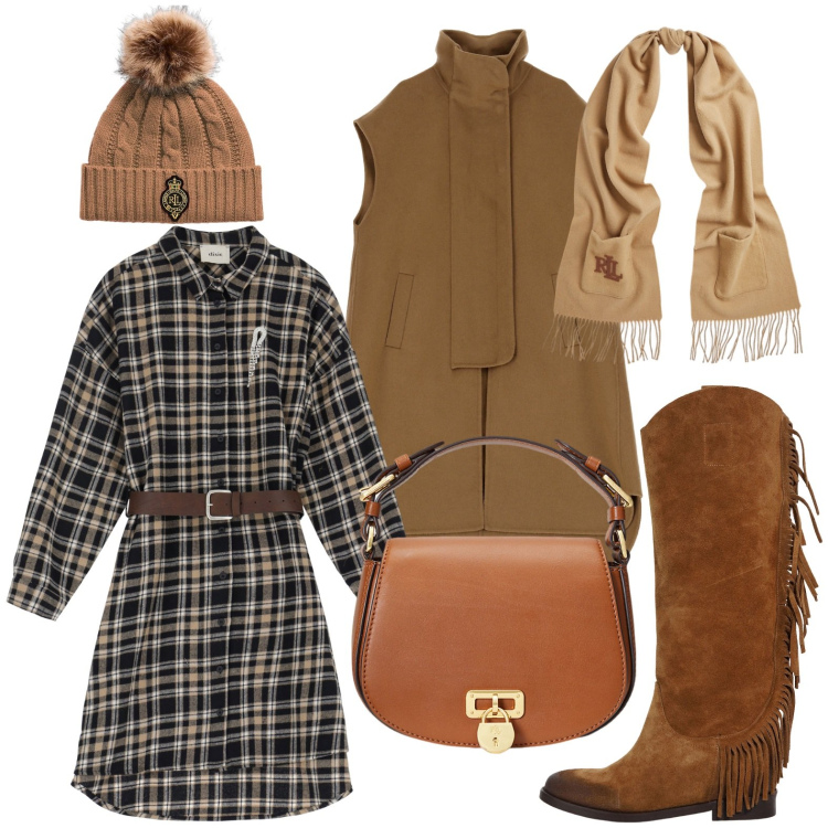 Outfit donna - Il cappotto senza maniche. Stile Casual chic per Tutti i giorni. Abbinamento con berretti, borse a tracolla, sciarpe, vestiti corti, cappotti, stivali.