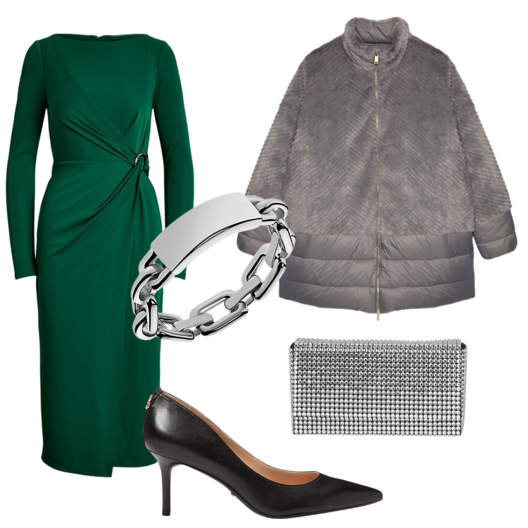 Outfit donna - Serata elegante. Stile Chic per Serata fuori. Abbinamento con borse a mano, anelli, vestiti a tubino, décolleté, piumini.
