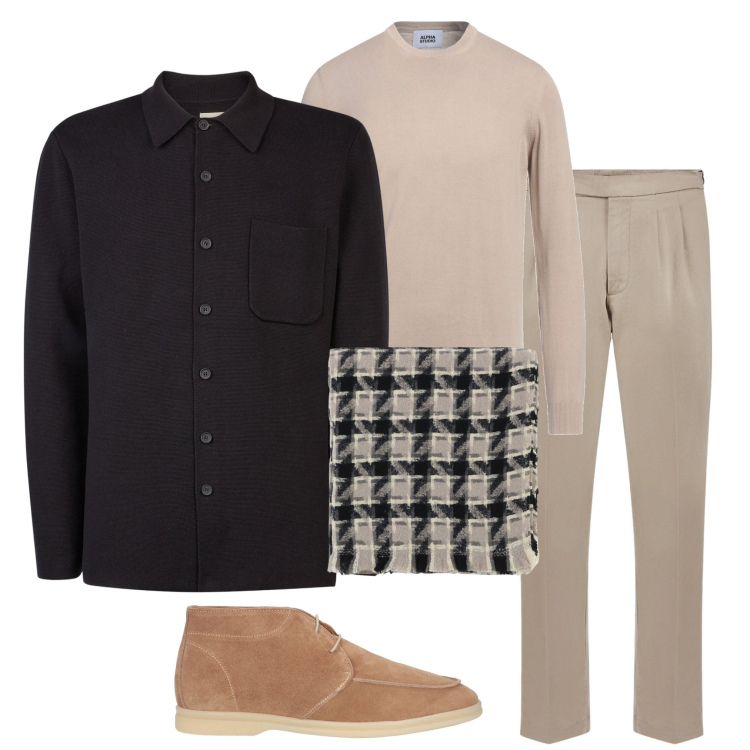 Outfit uomo - In città. Stile Urban per Tutti i giorni. Abbinamento con pullovers, stivali e stivaletti, sciarpe, pantaloni, cappotti.