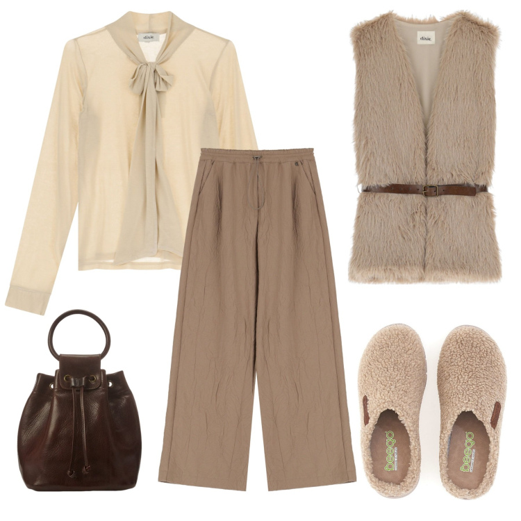 Outfit donna - Total look #2008025. Stile Casual chic per Tutti i giorni. Abbinamento con gilet, pantaloni, t-shirt, borse a secchiello, pantofole.