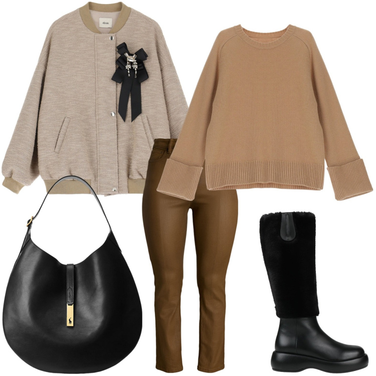 Outfit donna - Il bomber urbano. Stile Glamour per Tutti i giorni. Abbinamento con stivali, pullovers, bomber, borse a spalla, jeans dritti.