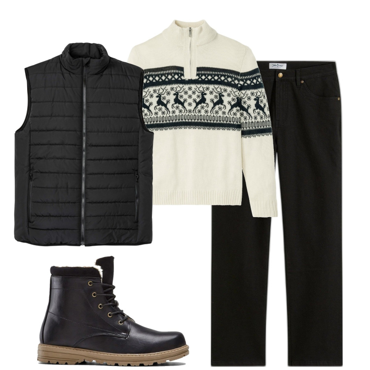 Outfit uomo - Il maglione invernale. Stile Casual per Tutti i giorni. Abbinamento con maglieria, stivali e stivaletti, jeans dritti, gilet.