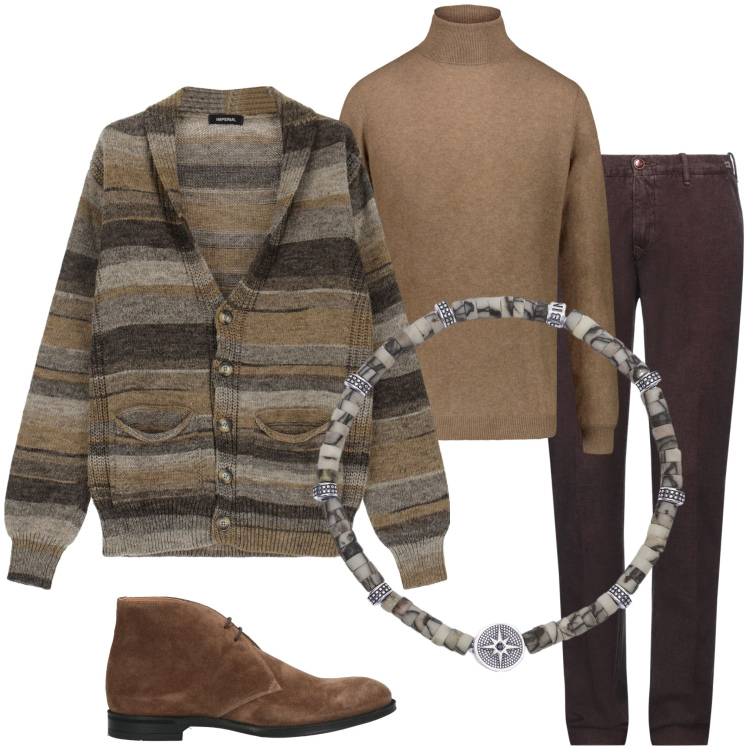 Outfit uomo - Marrone e le sue sfumature. Stile Urban per Serata speciale. Abbinamento con stivali e stivaletti, pantaloni chino, braccialetti, cardigans, maglieria.