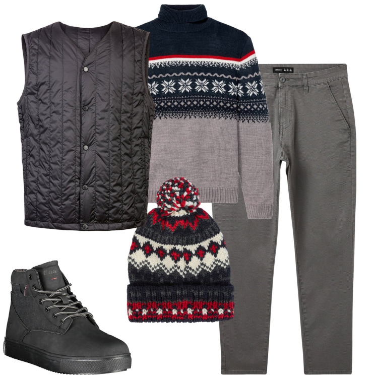 Outfit uomo - Total look #2008049. Stile Urban per Tutti i giorni. Abbinamento con maglieria, pantaloni chino, berretti, piumini, stivali.