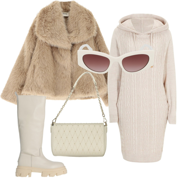 Outfit donna - Tonalità chiare. Stile Bon Ton per Serata fuori. Abbinamento con vestiti, stivali, ecopellicce, borse a spalla, occhiali da sole.