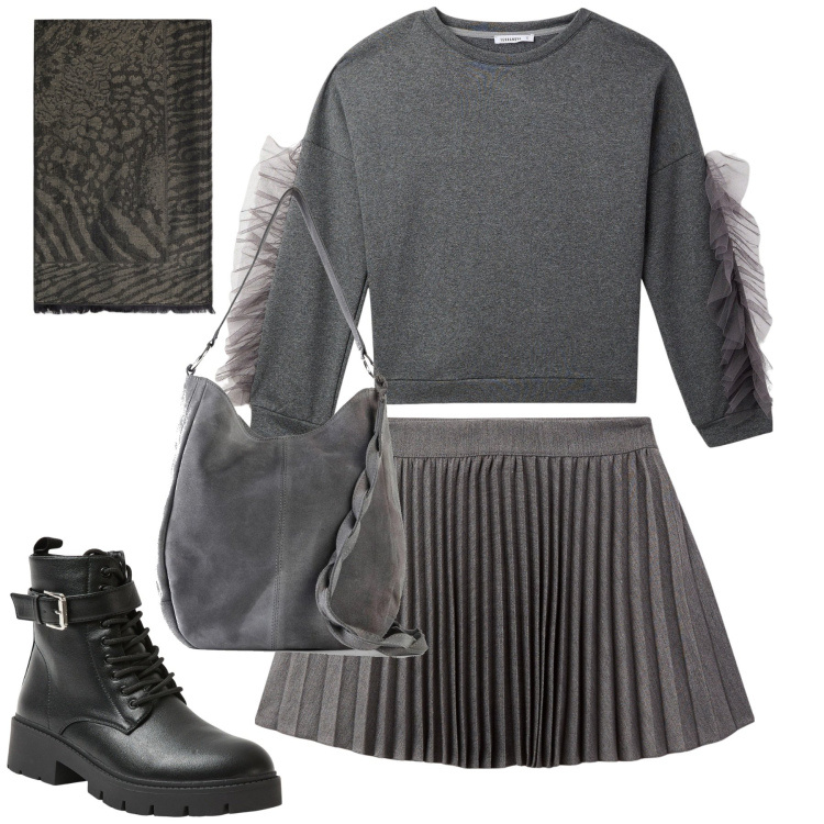 Outfit donna - Total look #2008068. Stile Trendy per Tutti i giorni. Abbinamento con borse a mano, felpe, anfibi, minigonne, sciarpe.