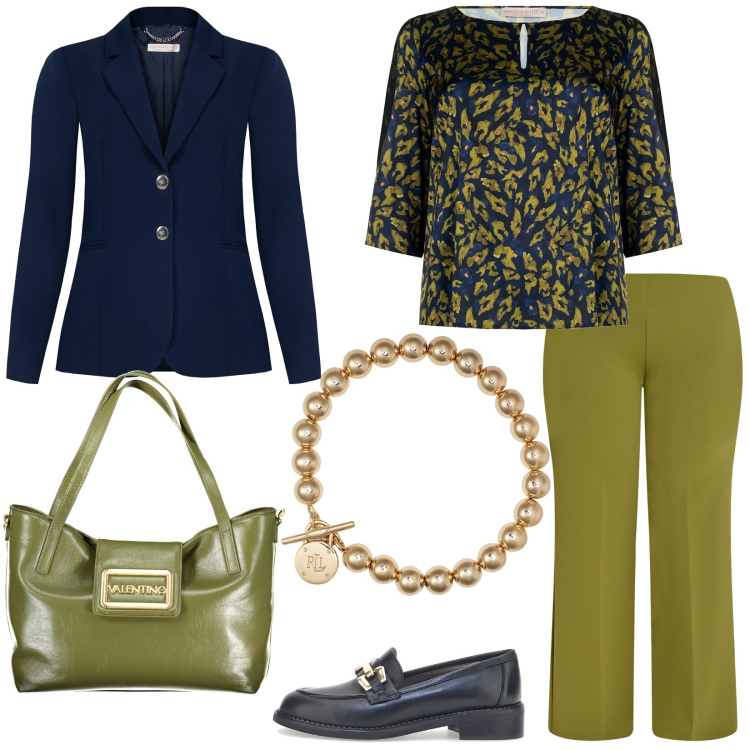 Outfit donna - Pantaloni a palazzo Focus donna curvy. Stile Trendy per Serata fuori. Abbinamento con pantaloni a palazzo, bluse, blazer, braccialetti, mocassini, borse a spalla.