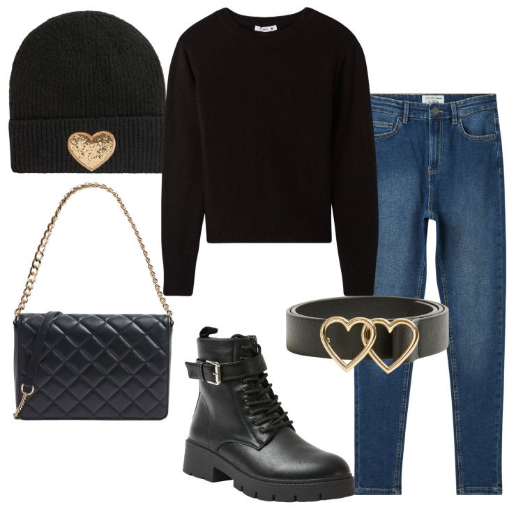 Outfit donna - Cuoricini. Stile Casual per Tutti i giorni. Abbinamento con berretti, maglieria, jeans skinny, cinture, anfibi, borse a tracolla.