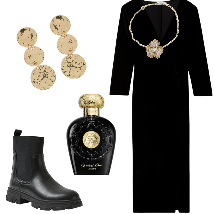 Outfit donna - Abito in maglia. Stile Casual chic per Serata fuori. Abbinamento con profumi, vestiti lunghi, stivaletti chelsea, collane, orecchini.