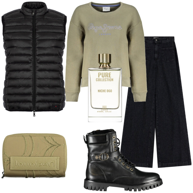Outfit donna - Total look #2008087. Stile Urban per Tutti i giorni. Abbinamento con profumi, jeans, piumini, stivali, felpe, portafogli.