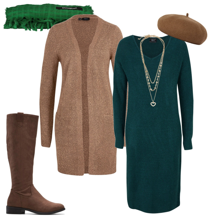 Outfit donna - Contrasto. Stile Casual chic per Tutti i giorni. Abbinamento con stivali, vestiti midi/longuette, cardigans, collane, cappelli e berretti, sciarpe.
