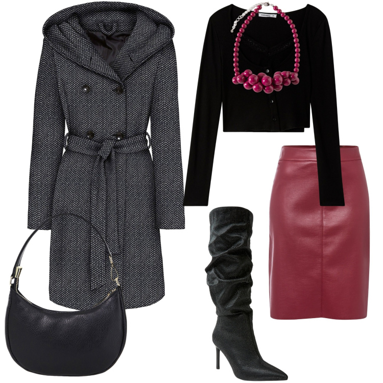 Outfit donna - Serata. Stile Chic per Serata fuori. Abbinamento con cappotti, gonne longuette, cardigans, stivali, borse a spalla, collane.