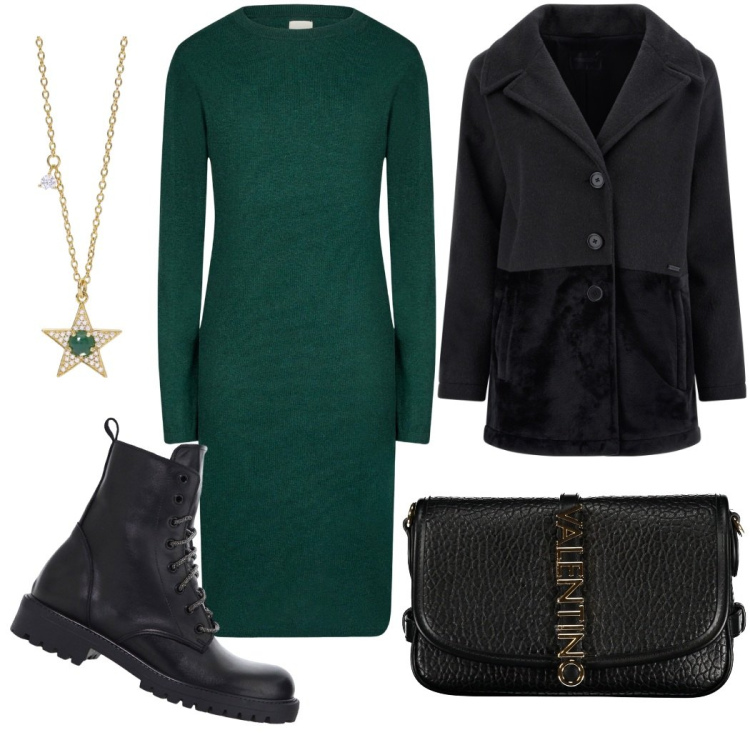 Outfit donna - Nero verde. Stile Glamour per Scuola/Università. Abbinamento con collane, stivaletti, cappotti, vestiti midi/longuette, borse a tracolla.