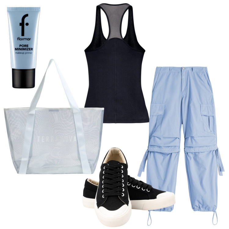 Outfit donna - Allenamento ispirazione \'90. Stile Basic per Sport. Abbinamento con primer, shopping bag, pantaloni cargo, sneakers, canottiere.