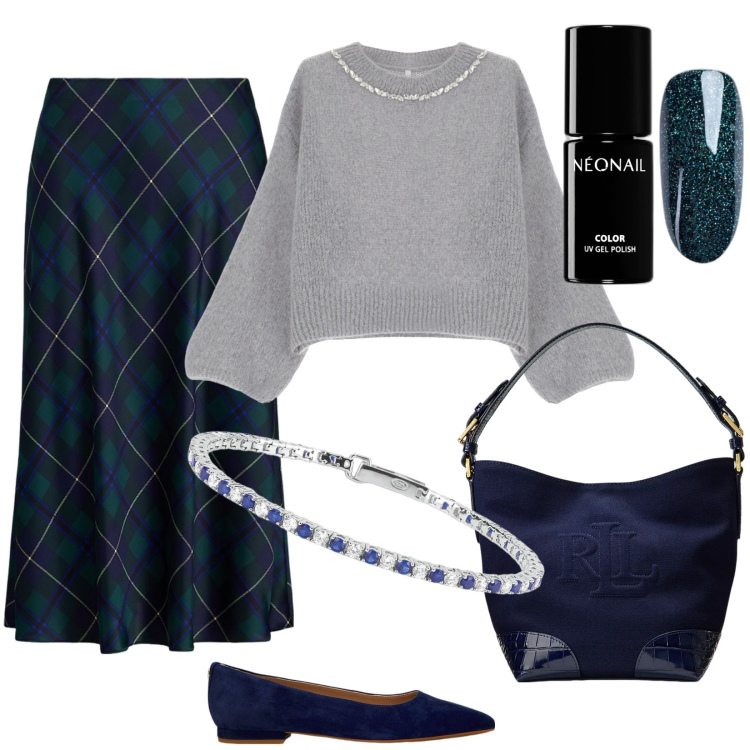Outfit donna - Toni neutri Focus curvy Grey & Blue. Stile Bon Ton per Ufficio. Abbinamento con smalti, braccialetti, maglieria, gonne, ballerine, borse a secchiello.