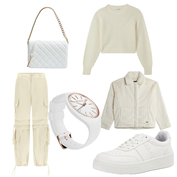 Outfit donna - Total look #2008118. Stile Casual per Tutti i giorni. Abbinamento con pantaloni cargo, orologi, blazer, sneakers, maglieria, borse a tracolla.