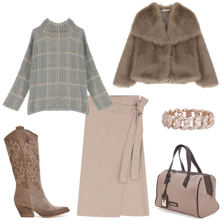 Outfit donna - Toni neutri Focus curvy Grey & Beige. Stile Trendy per Tutti i giorni. Abbinamento con anelli, maglieria, ecopellicce, gonne, stivaletti texani, borse a mano.