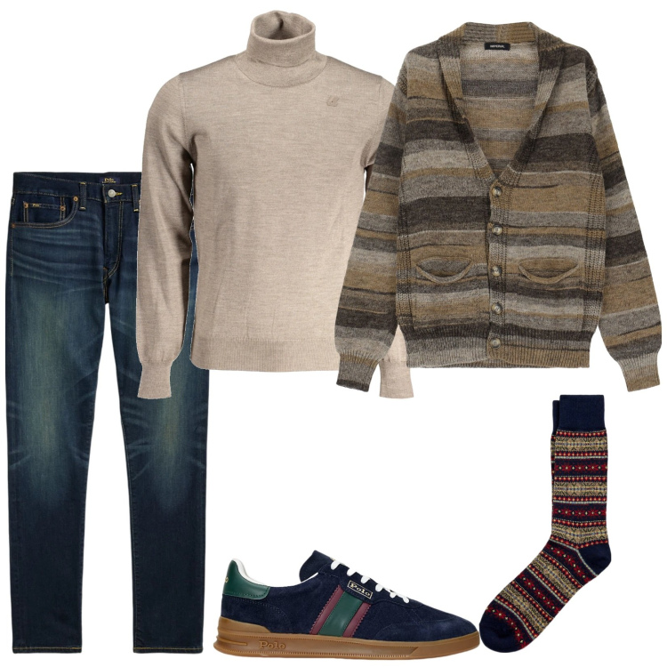 Outfit uomo - Il cardigan bello e caldo. Stile Casual per Tutti i giorni. Abbinamento con cardigans, jeans, sneakers, calzini, maglieria.