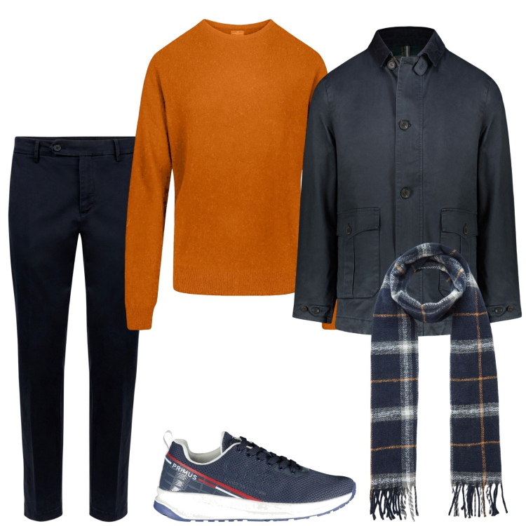 Outfit uomo - Il pull color zucca. Stile Casual per Tutti i giorni. Abbinamento con sciarpe, pantaloni chino, maglieria, giacche, sneakers.