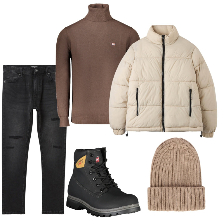 Outfit uomo - Total look #2008130. Stile Casual per Tutti i giorni. Abbinamento con jeans strappati, piumini, berretti, stivali, maglieria.