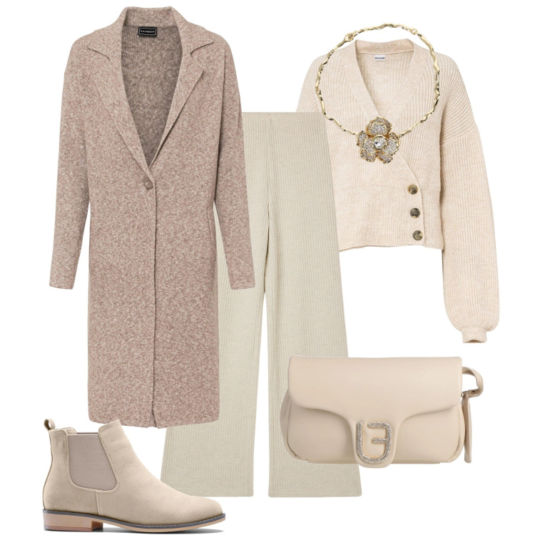 Outfit donna - Maglia in città. Stile Trendy per Tutti i giorni. Abbinamento con cappotti, stivaletti chelsea, maglieria, borse a mano, pantaloni, collane.