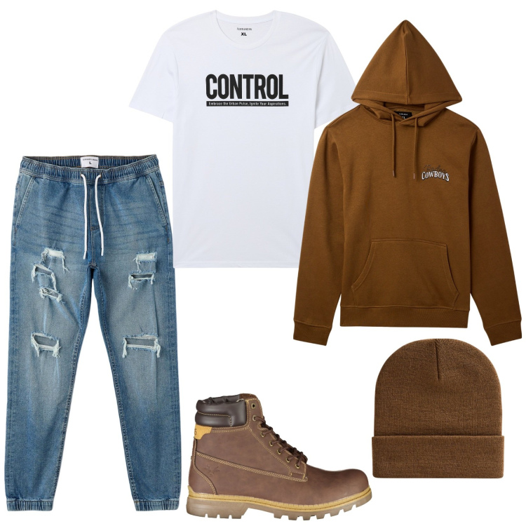 Outfit uomo - Total look #2008135. Stile Urban per Tutti i giorni. Abbinamento con felpe con cappuccio, t-shirt, jeans strappati, berretti, stivali.