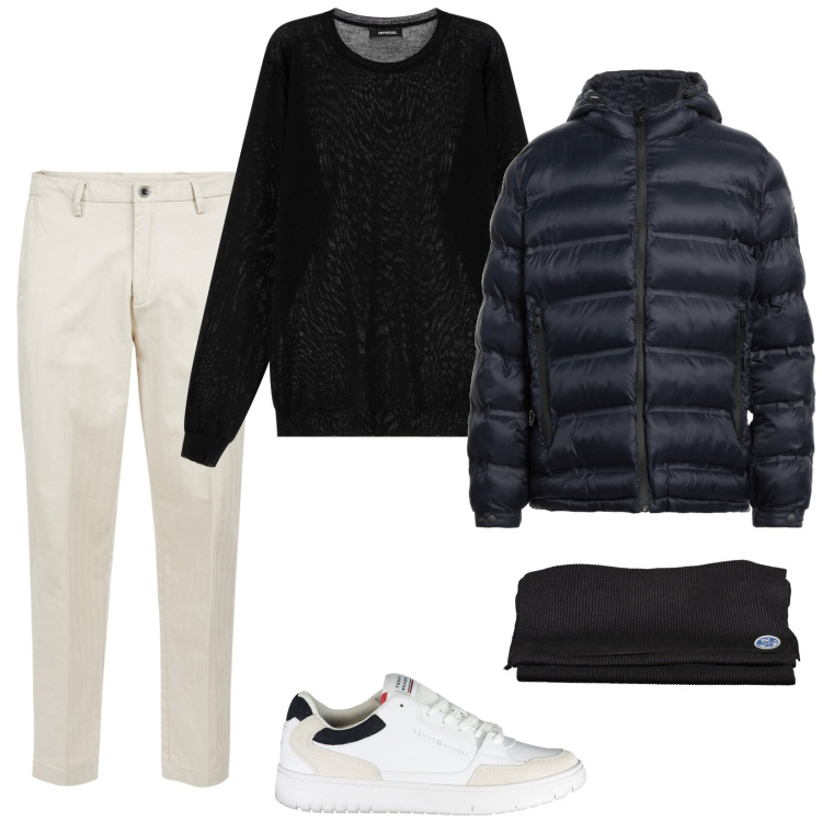 Outfit uomo - Ti passo a prendere. Stile Trendy per Serata speciale. Abbinamento con piumini, maglieria, pantaloni, sneakers, sciarpe.