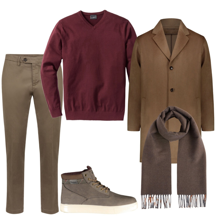 Outfit uomo - Il pull color ciliegia. Stile Trendy per Serata speciale. Abbinamento con maglieria, pantaloni chino, stivali, cappotti, sciarpe.