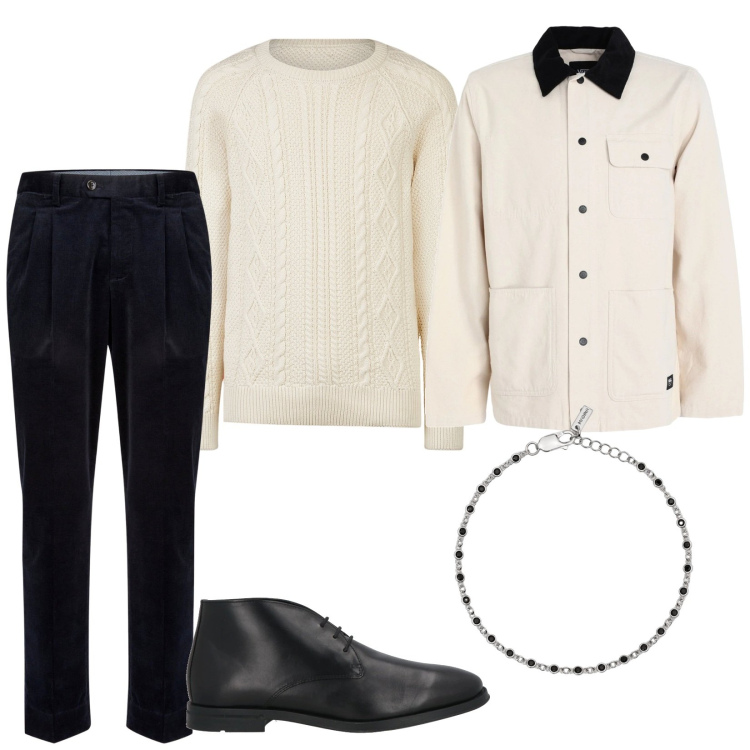 Outfit uomo - Cena per due. Stile Trendy per Serata speciale. Abbinamento con stivali e stivaletti, giacche, braccialetti, maglieria, pantaloni.