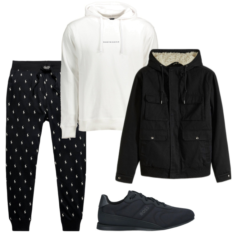 Outfit uomo - Total look #2008153. Stile Casual per Sport. Abbinamento con sneakers, piumini, pantaloni, felpe con cappuccio.