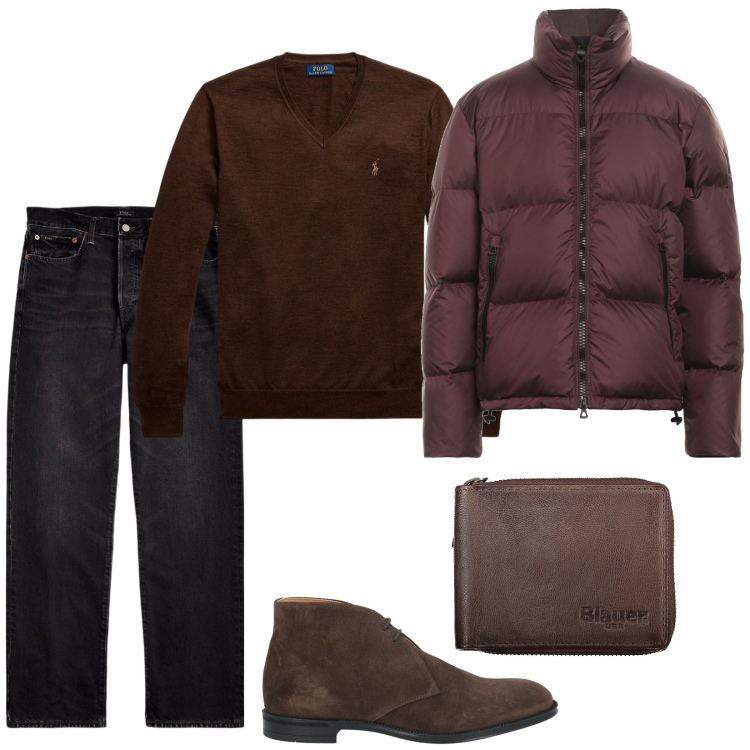 Outfit uomo - Il piumino Borgogna. Stile Casual per Tutti i giorni. Abbinamento con piumini, stivali e stivaletti, jeans dritti, maglieria, portafogli.