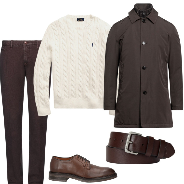 Outfit uomo - Panna e cioccolato. Stile Trendy per Tutti i giorni. Abbinamento con cappotti, pantaloni chino, scarpe stringate, cinture, maglieria.