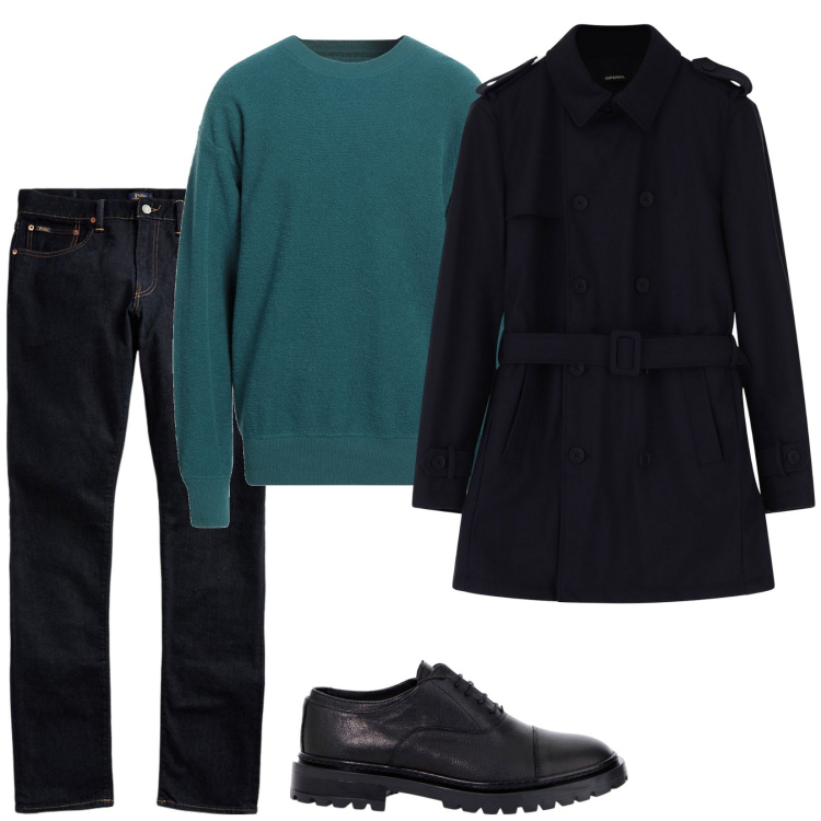 Outfit uomo - Total look #2008160. Stile Casual per Tutti i giorni. Abbinamento con pullovers, trench, scarpe stringate, jeans.