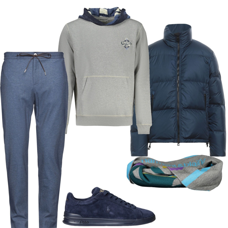 Outfit uomo - Total look #2008163. Stile Casual per Tutti i giorni. Abbinamento con pantaloni, piumini, sneakers, sciarpe, felpe con cappuccio.