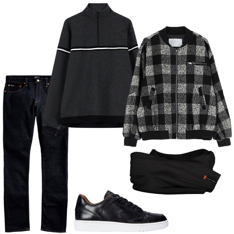 Outfit uomo - Total look #2008164. Stile Casual per Tutti i giorni. Abbinamento con bomber, felpe, jeans, sneakers, sciarpe.