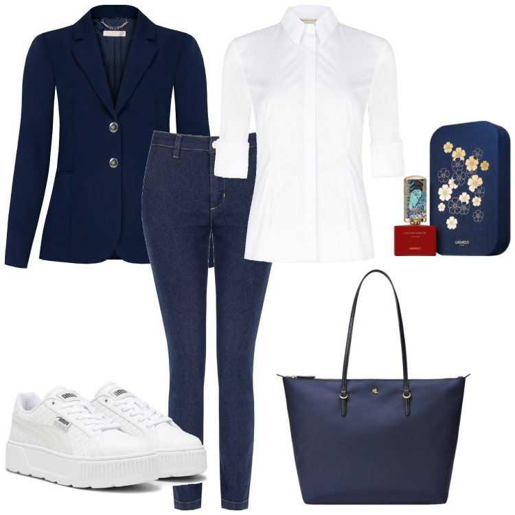 Outfit donna - Giacca blu a due bottoni blu navy. Stile Casual per Tutti i giorni. Abbinamento con profumi, blazer, camicie, jeans skinny, borse tote, sneakers.