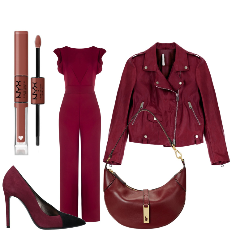 Outfit donna - Bordeaux. Stile Chic per Serata fuori. Abbinamento con décolleté, rossetti, tute, giacche, borse a spalla.
