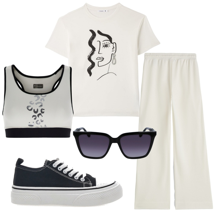 Outfit donna - Pantaloni a palazzo Freddy. Stile Casual per Sport. Abbinamento con t-shirt, pantaloni a palazzo, reggiseni, sneakers, occhiali da sole.