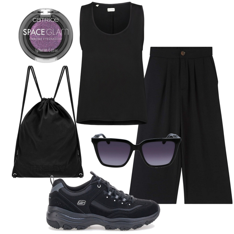 Outfit donna - Pantaloni palazzo neri. Stile Casual per Sport. Abbinamento con ombretti, pantaloni a palazzo, zaini, sneakers, top, occhiali da sole.