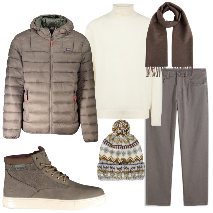 Outfit uomo - Weekend in montagna. Stile Casual per Tutti i giorni. Abbinamento con pantaloni, berretti, giacche, stivali, maglieria, sciarpe.