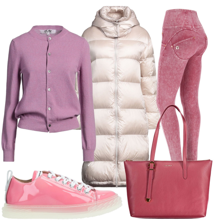Outfit donna - Total look #2008215. Stile Urban per Scuola/Università. Abbinamento con piumini, sneakers, cardigans, jeans skinny, borse a spalla.