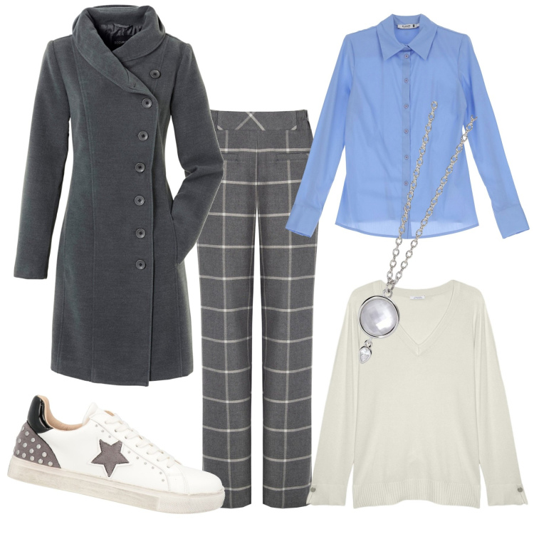 Outfit donna - casual&chic. Stile Casual chic per Ufficio. Abbinamento con cappotti, sneakers, collane, camicie, pantaloni, maglieria.