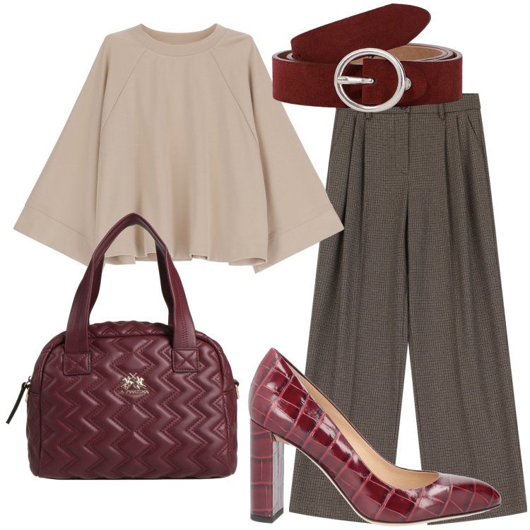Outfit donna - Décolleté bordeaux a punta tonda. Stile Casual per Tutti i giorni. Abbinamento con décolleté, borse a mano, pantaloni, felpe, cinture.
