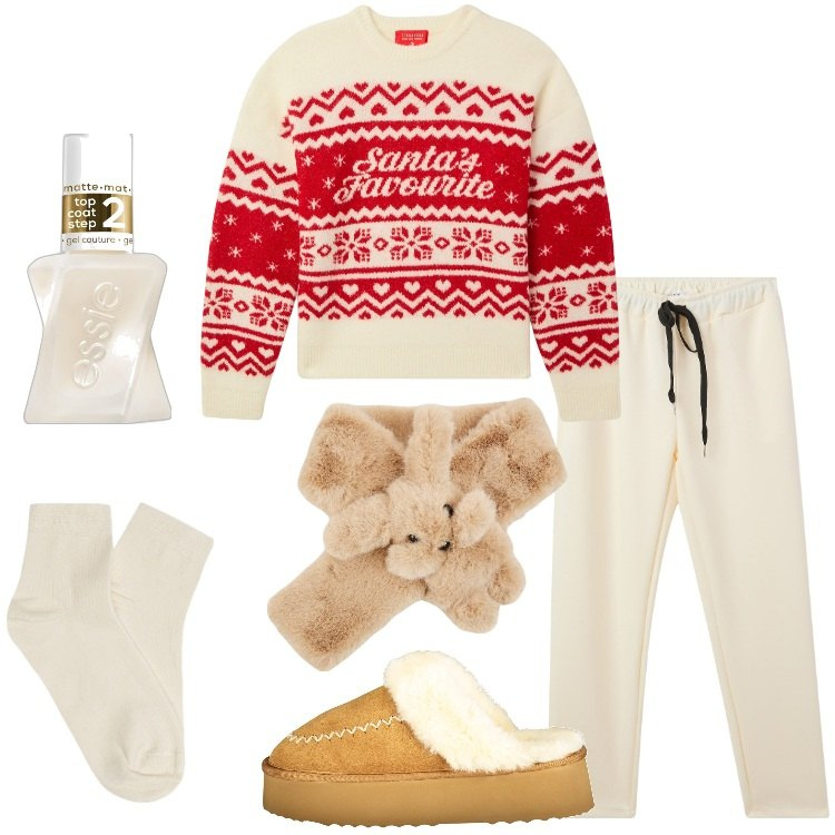 Outfit donna - Homewear natalizio. Stile Basic per Tutti i giorni. Abbinamento con smalti, sciarpe, pantaloni sportivi, maglieria, ciabatte, collant.